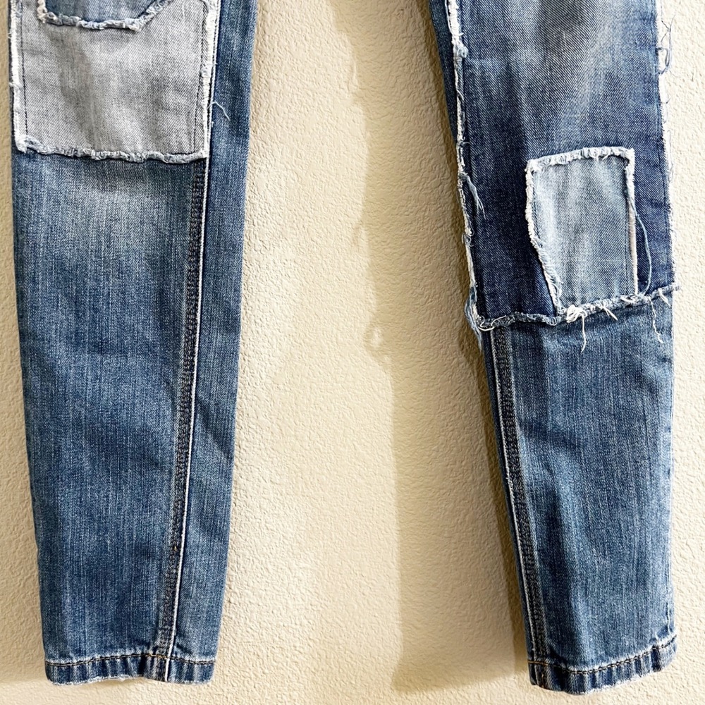 Free People Patchwork Distressed Skinny Jeans Blue Size 26 Womens Low Rise Boho - Picture 4 of 7